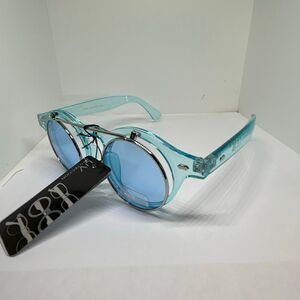 Retro Flip Up Round Sunglasses Blue Lens Blue Frame UV Protection